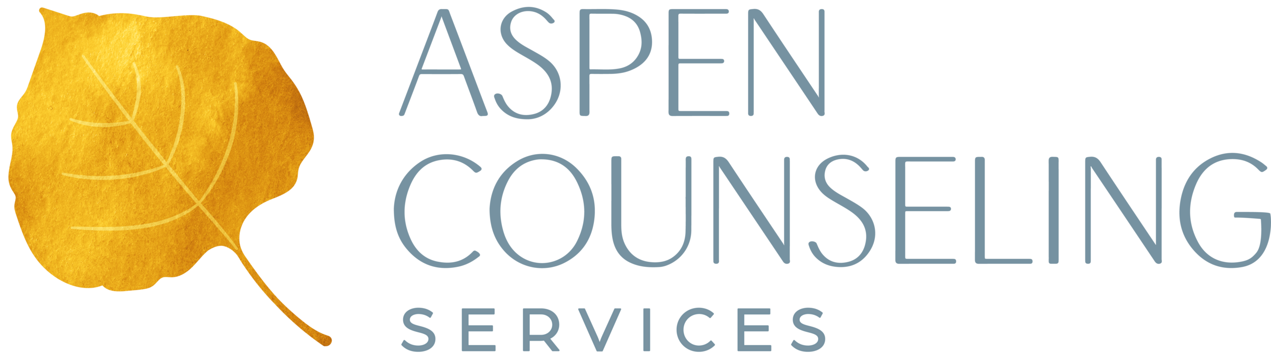 Aspen Counseling Services primary logo featuring a watercolor leaf and designed font in blue