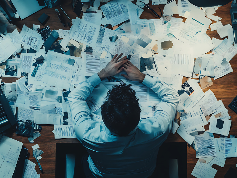 Man sitting at a desk with papers scattered all around the desk.
