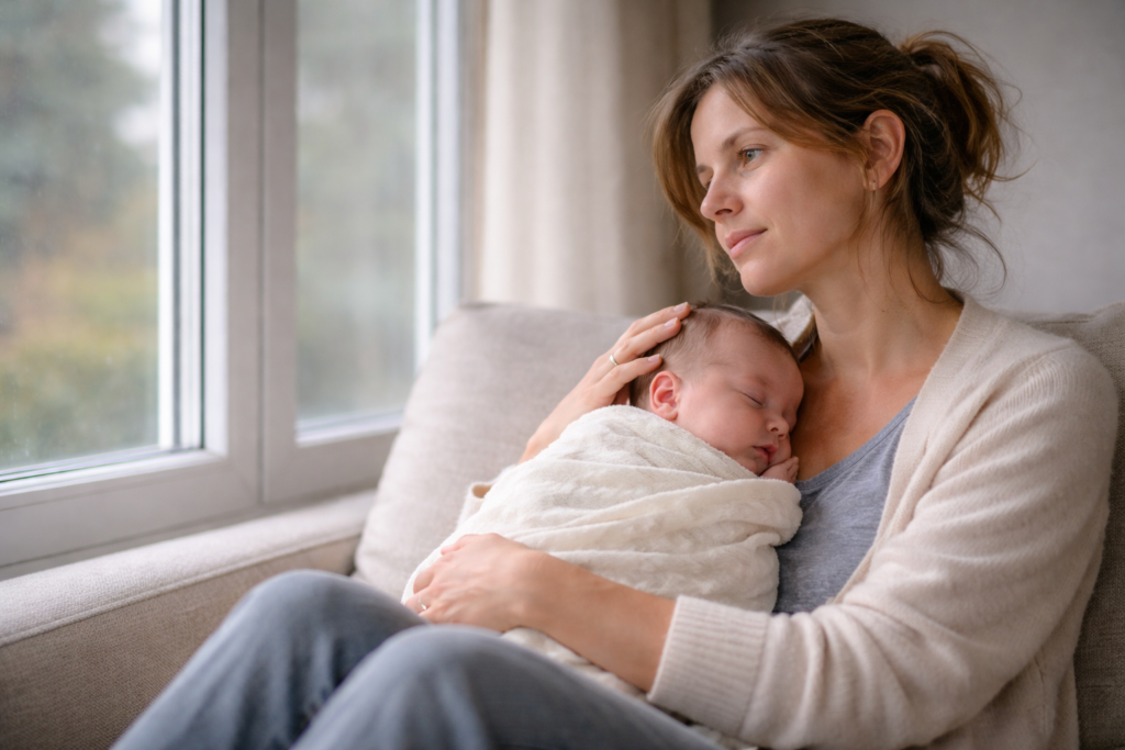 New mother holding her baby by a window in soft natural light, capturing a reflective and honest moment of postpartum emotions and maternal mental health.