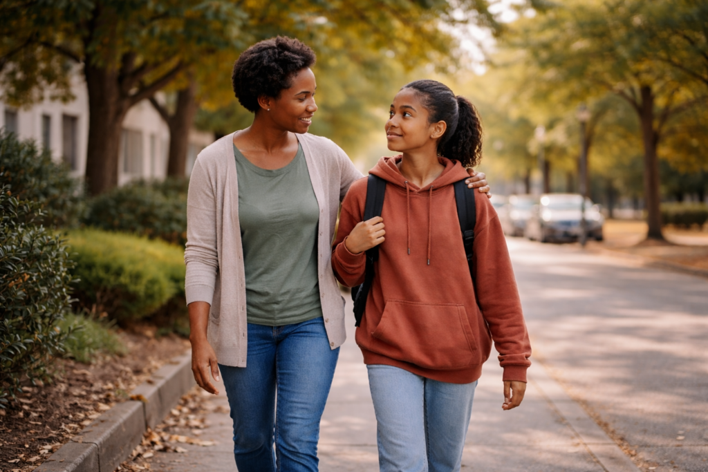 A parent and teenage daughter walking side by side down a tree-lined street, smiling at each other as the parent rests a supportive arm around the teen’s shoulders.
