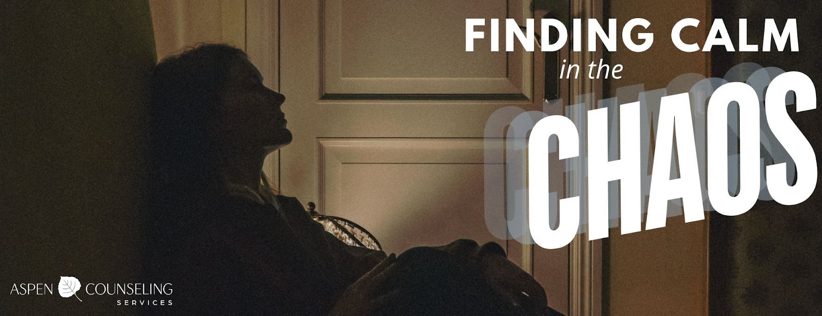 A person sits in shadow next to text that reads "FINDING CALM in the CHAOS," with a blurry effect. Aspen Counseling Services logo.