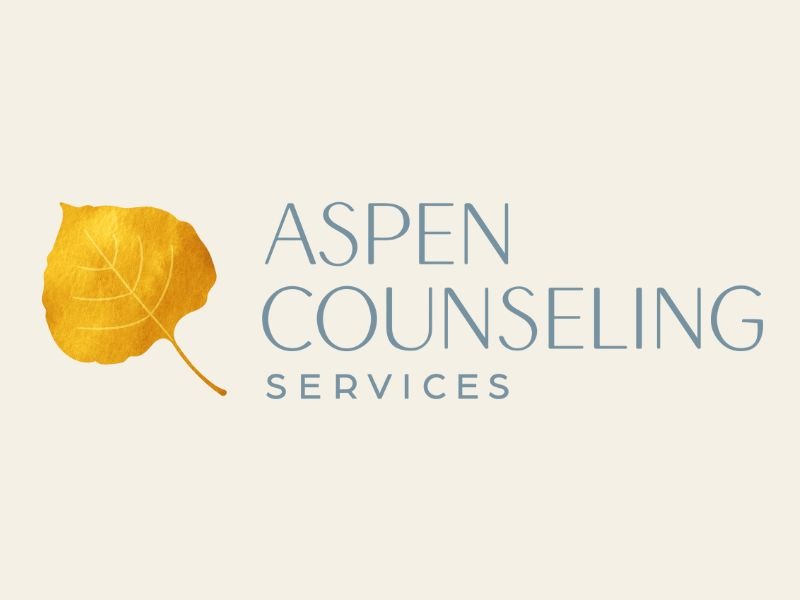 Aspen Counseling Services logo featuring a golden yellow aspen leaf icon next to gray text on a cream background