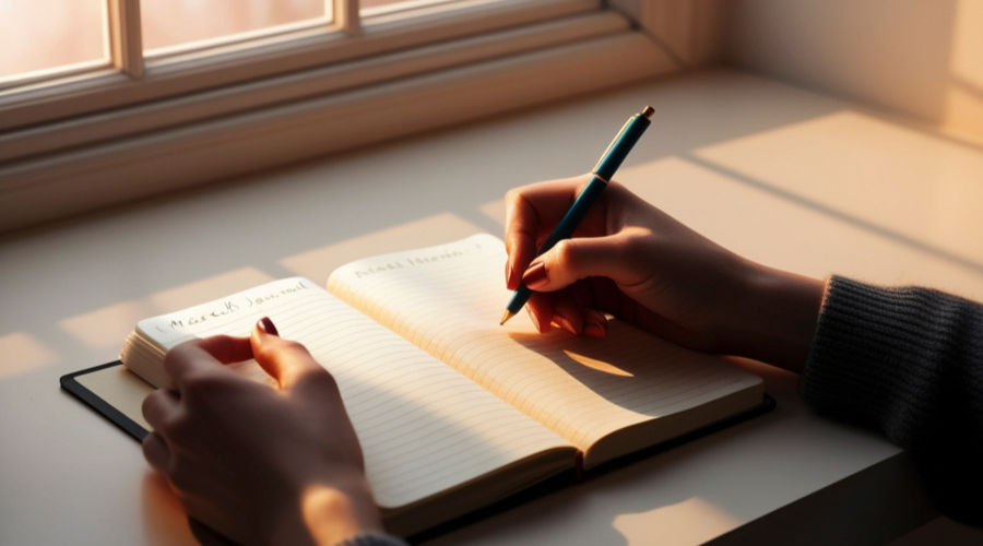 Sitting quietly at a table with a journal open in front of her, reflecting during a personal mental health check-in.