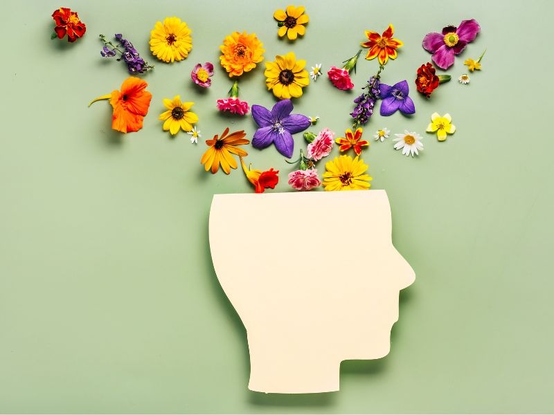 Colorful wildflowers blooming from a cream-colored head silhouette cutout on a mint green background, representing mental wellness and growth