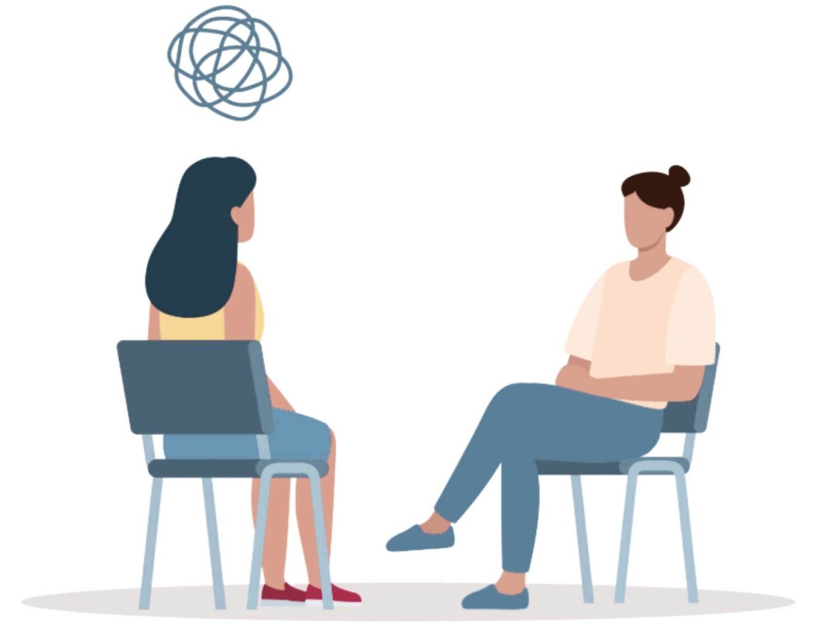 cartoon image of a therapist and client sitting together and talking. The client has scribbled thoughts above her head