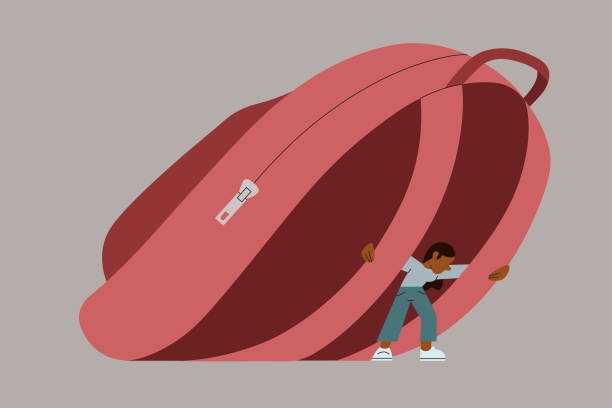 An illustration of a tiny person struggling to hold up an enormous, heavy pink backpack that is leaning over and threatening to crush them, symbolizing the feeling of carrying an overwhelming burden.