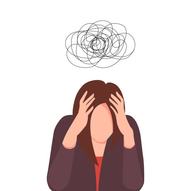 A digital illustration of a person holding their head in their hands in distress. A dark, tangled knot of scribbled lines hovers above their head, representing anxiety, overthinking, or confusion.