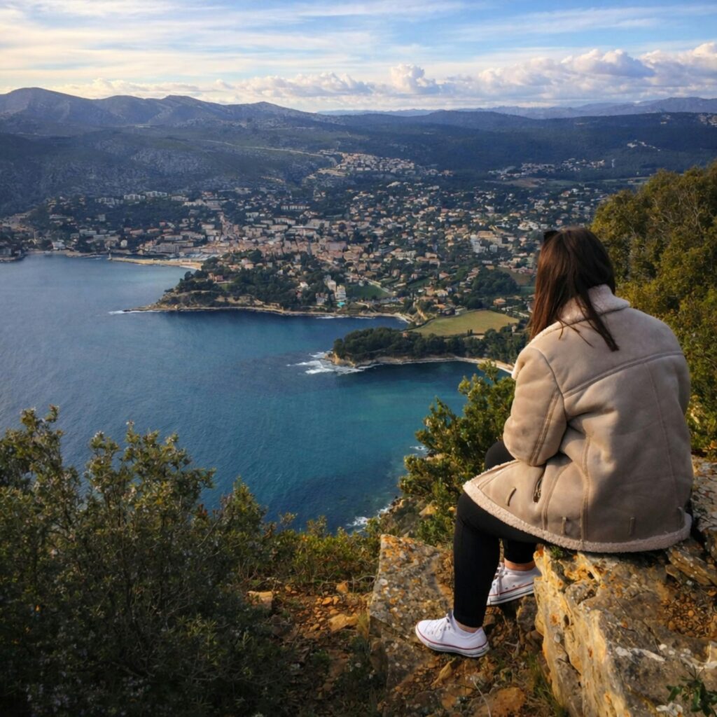A person wearing a shearling jacket and white sneakers sits on a rocky cliff edge, looking down at a beautiful coastal town nestled around a blue bay and surrounded by mountains.
