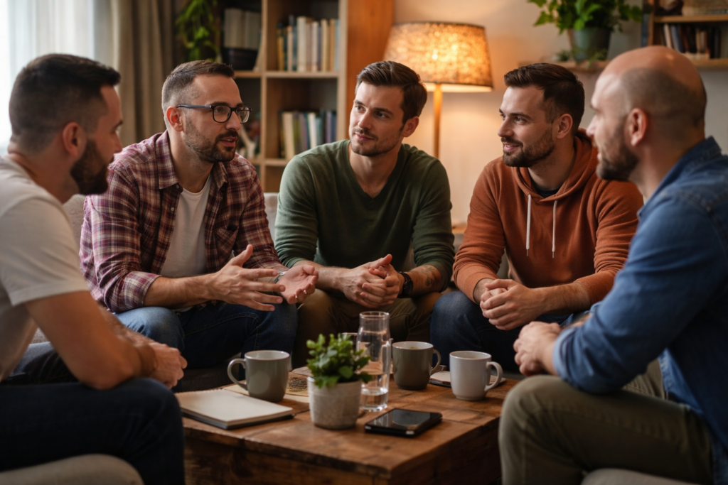 Small group of men sitting together in a comfortable, informal setting, engaged in open conversation and peer support for depression in men and mental health challenges

