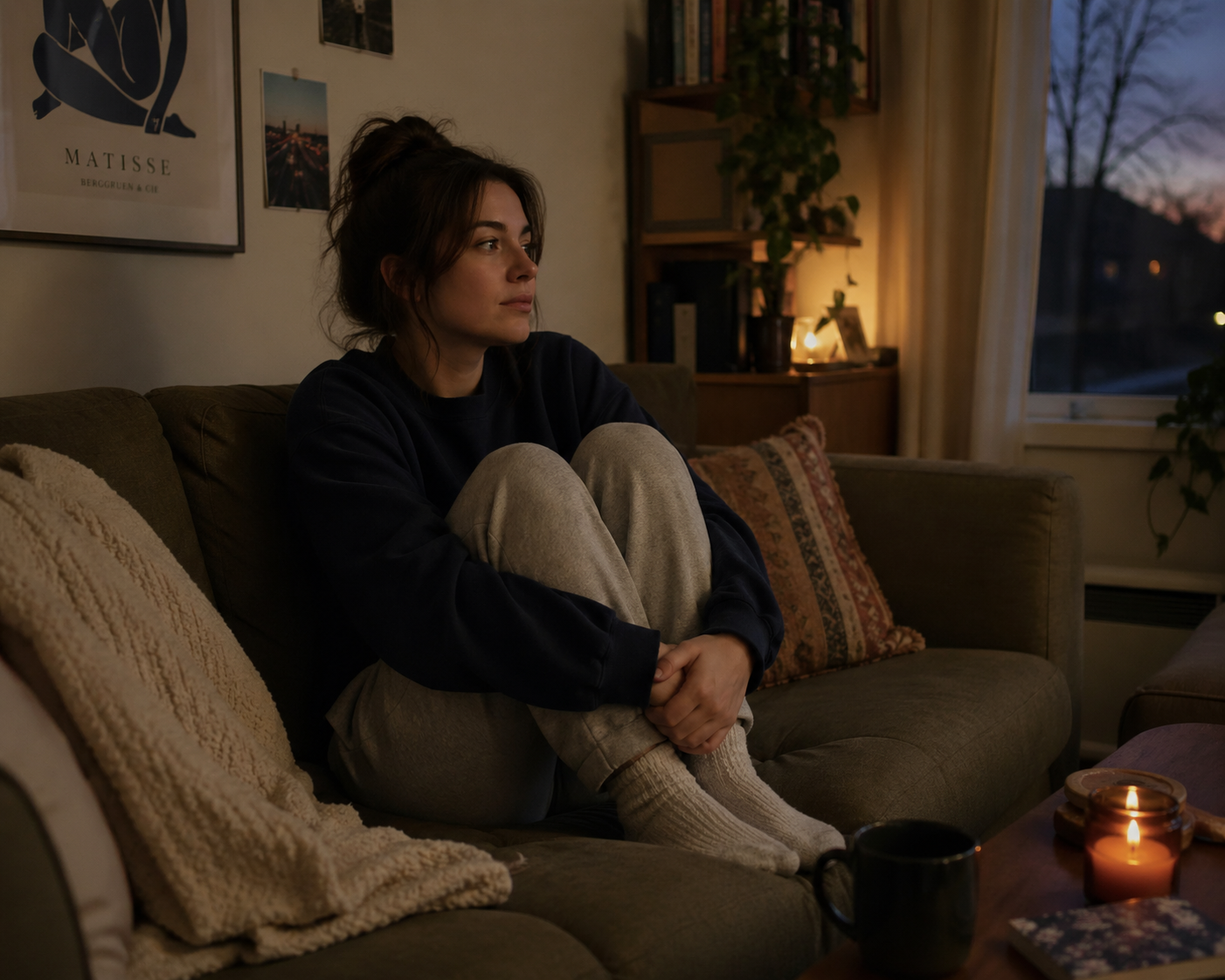 Person sitting curled up on a couch on a Sunday evening, softly lit by warm lamplight, gazing off in quiet reflection, capturing the calm yet slightly anxious mood of the “Sunday Scaries.”