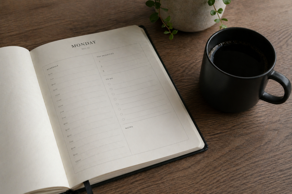 Open planner turned to a Monday page with an empty schedule, sitting beside a coffee mug on a desk, capturing the anticipation and subtle anxiety of preparing for the week ahead often associated with the Sunday Scaries.