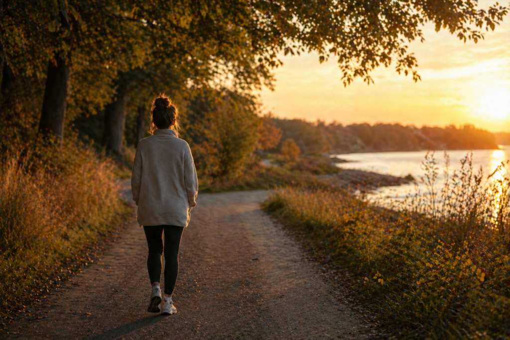 Person walking alone along a quiet nature path during golden hour, surrounded by warm evening light and soft greenery, capturing a calm, reflective moment often used to ease Sunday Scaries anxiety.