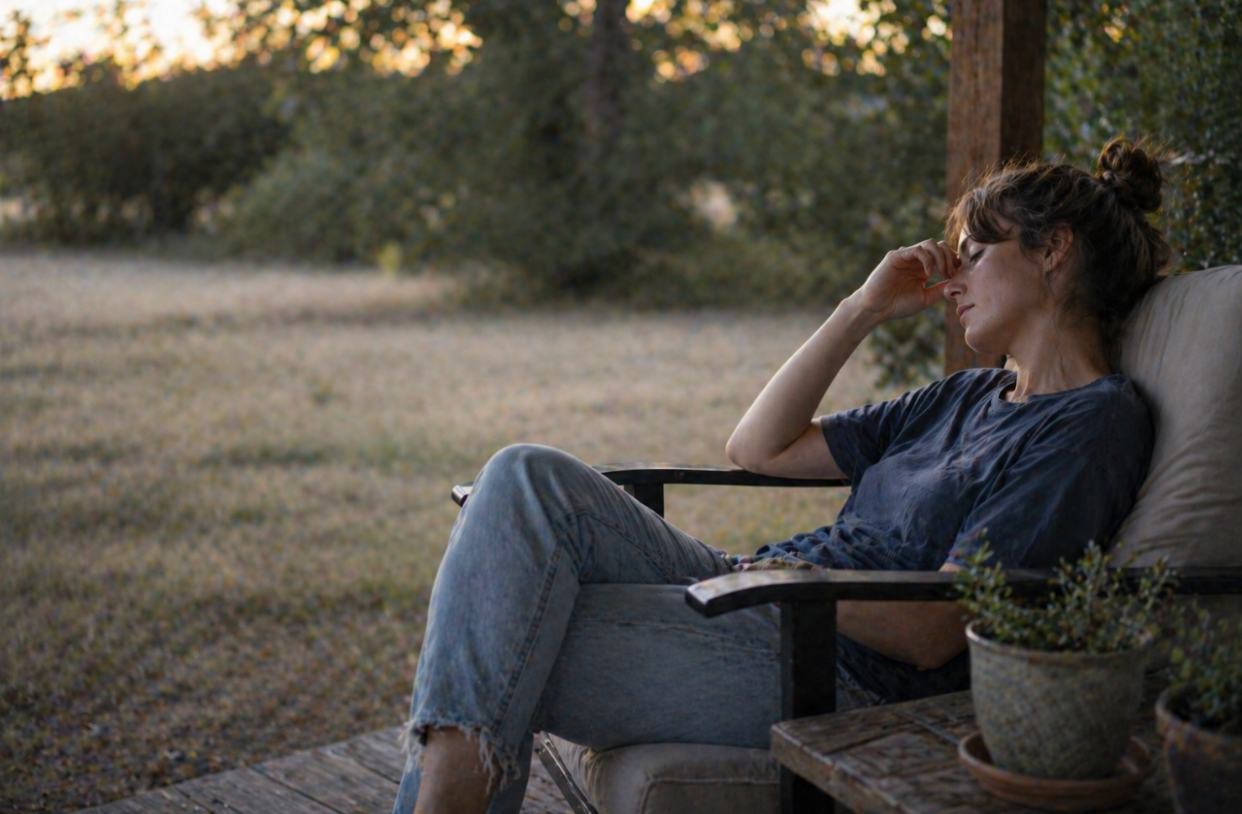 Person sitting alone on a porch in late summer light, leaning back in a chair with eyes closed and hand resting on their face, surrounded by dry grass and soft greenery, capturing quiet exhaustion and the lingering heaviness at the end of summer.