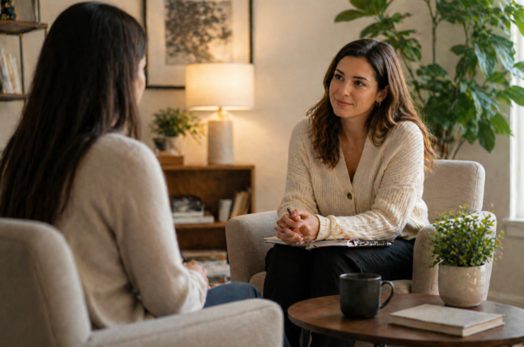 Two people sitting across from each other in a calm, warmly lit room, one leaning forward attentively while listening, creating a safe and supportive space for open conversation and emotional connection.