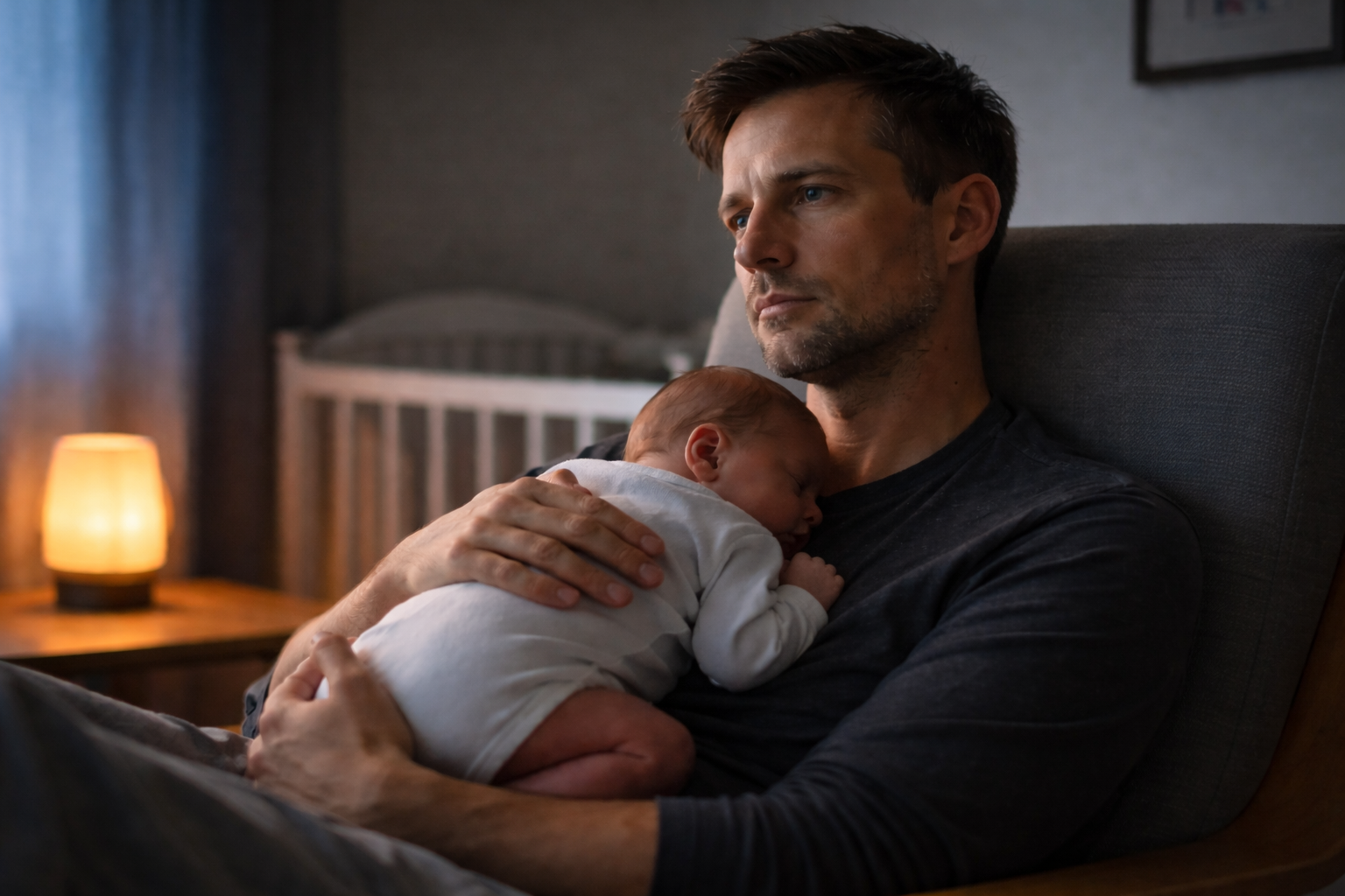 Father sitting in a dimly lit room holding a newborn against his chest, appearing tired and reflective, representing emotional strain and potential postpartum depression in men