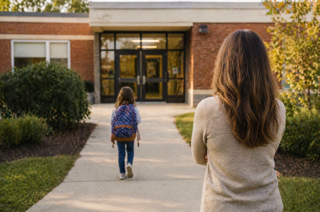 Parent standing at a distance outside a school entrance, watching their child walk toward the building with a backpack on, capturing a quiet moment of encouragement and lingering concern in warm early fall light.